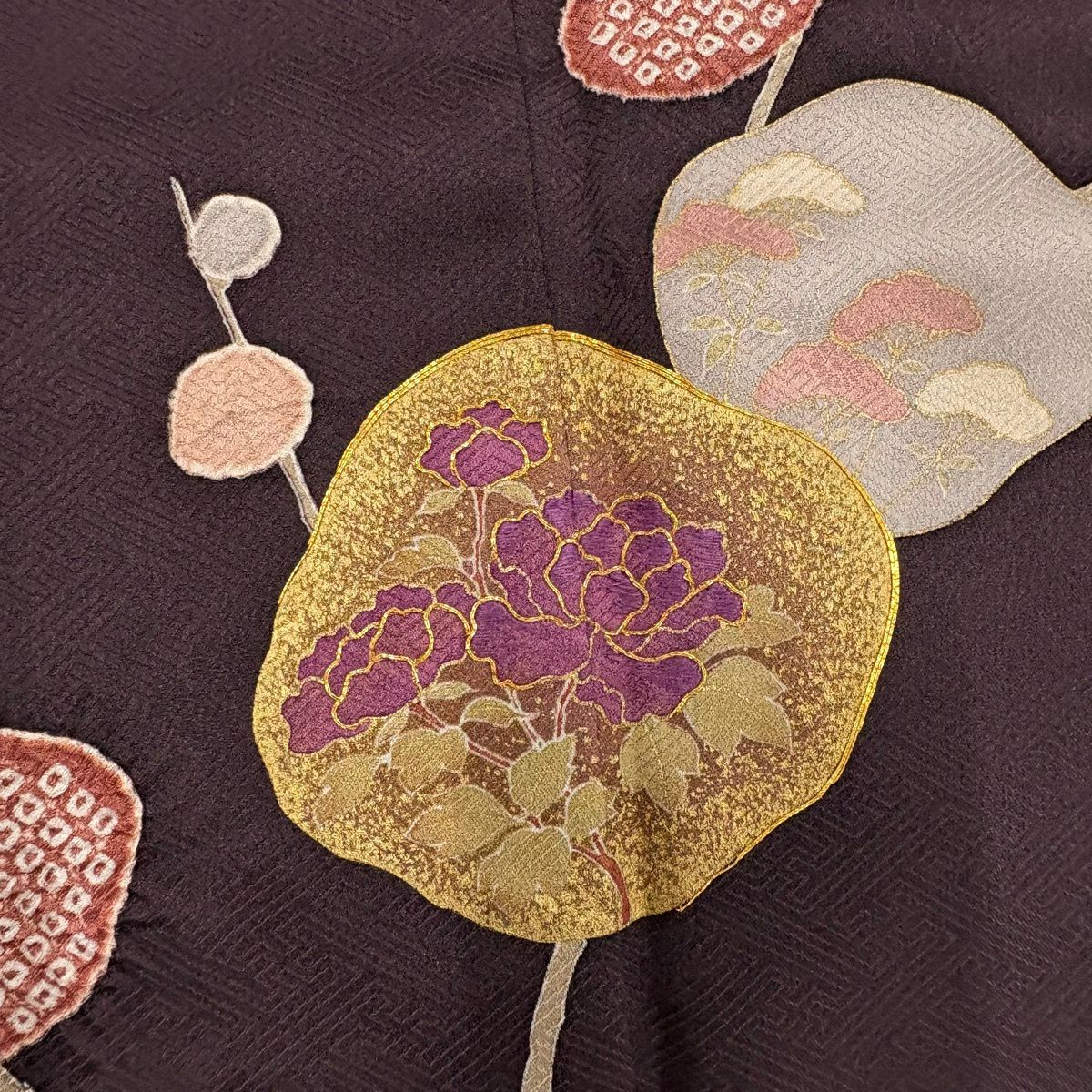 付下 身長160.5cm 袖長65cm M 雙層 松樹竹子梅花 草花紋紋 刺繡 絞染 紫 純蠶絲 秀品級