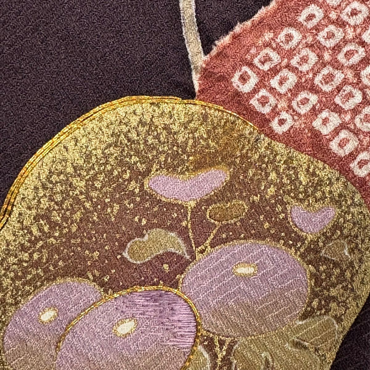 付下 身長160.5cm 袖長65cm M 雙層 松樹竹子梅花 草花紋紋 刺繡 絞染 紫 純蠶絲 秀品級