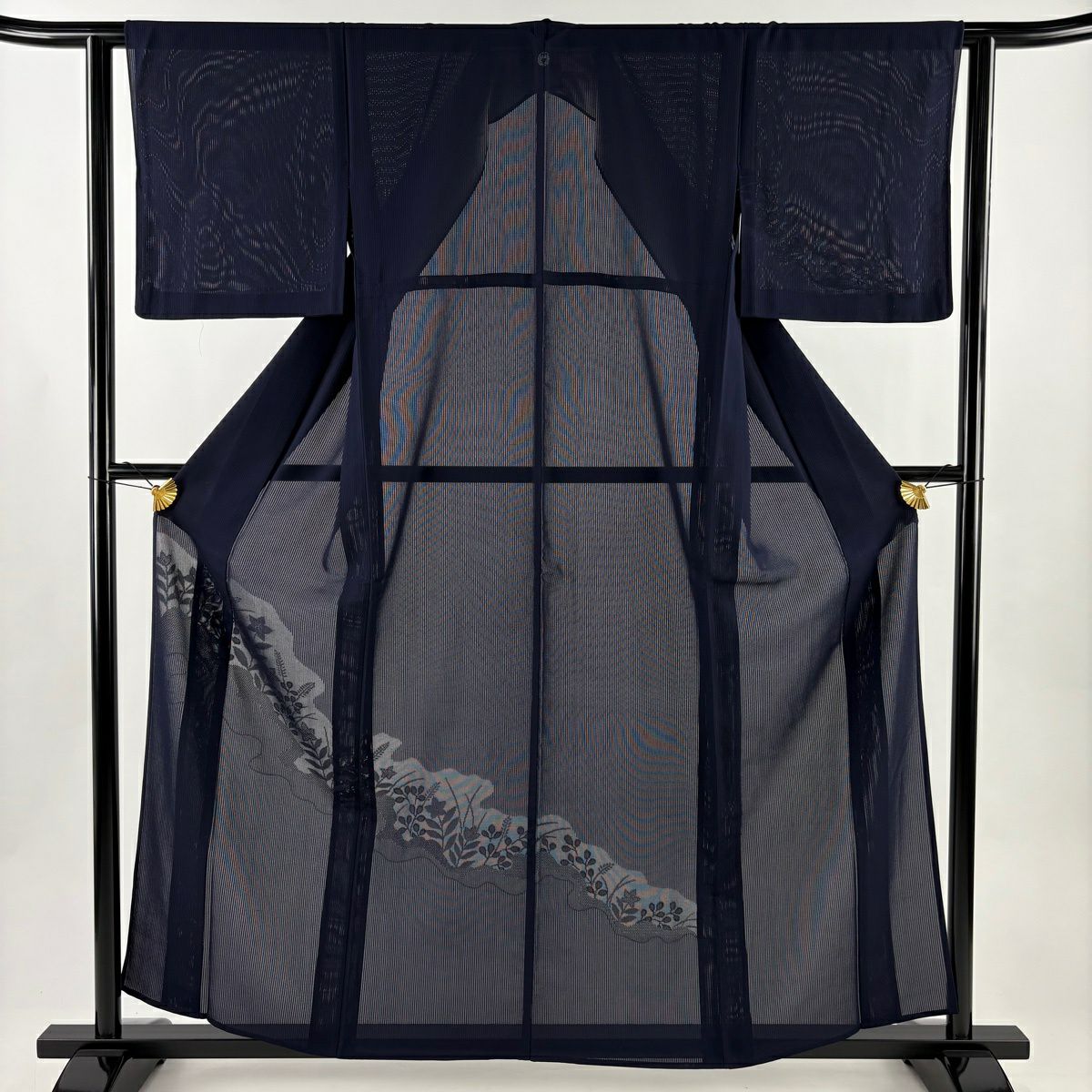 【美品】 付下 身長157cm 袖長61.5cm S 薄物 縱絽 桔梗 萩 深藍 純蠶絲 秀品級 一個紋