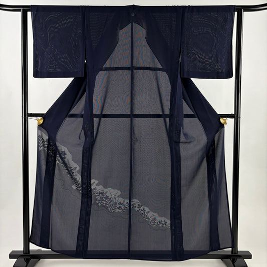 【美品】 付下 身長157cm 袖長61.5cm S 薄物 縱絽 桔梗 萩 深藍 純蠶絲 秀品級 一個紋