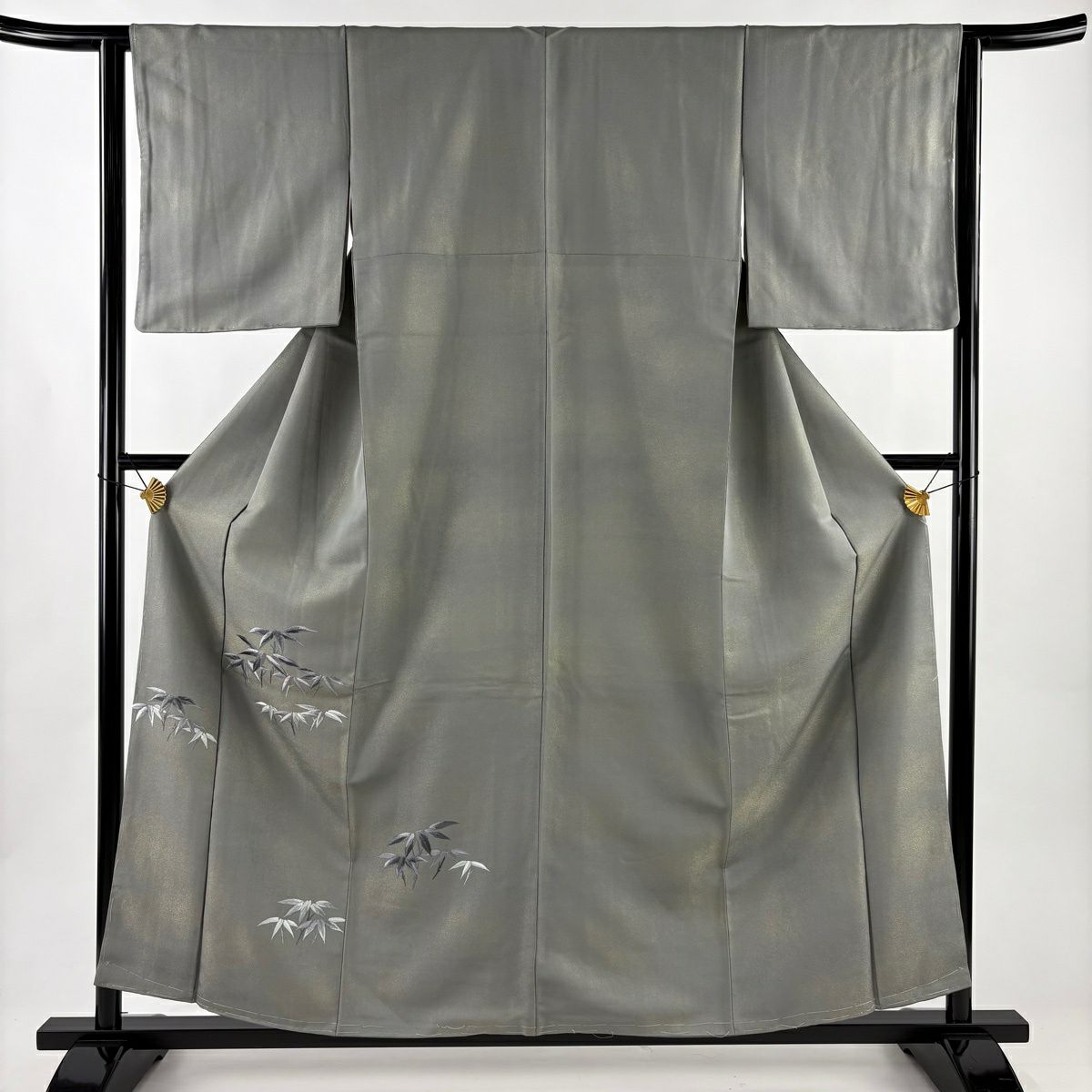 【美品】 付下 身長157cm 袖長62.5cm S 雙層 竹子 刺繡 金通 金通 灰綠 純蠶絲 優品級