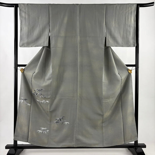 【美品】 付下 身長157cm 袖長62.5cm S 雙層 竹子 刺繡 金通 金通 灰綠 純蠶絲 優品級