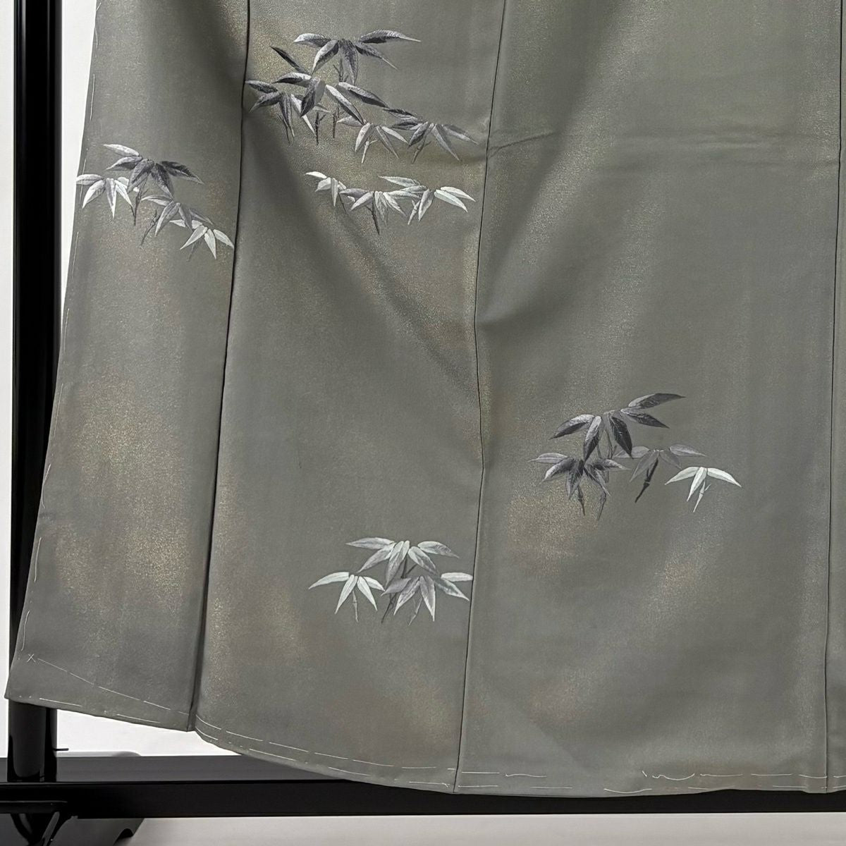 【美品】 付下 身長157cm 袖長62.5cm S 雙層 竹子 刺繡 金通 金通 灰綠 純蠶絲 優品級