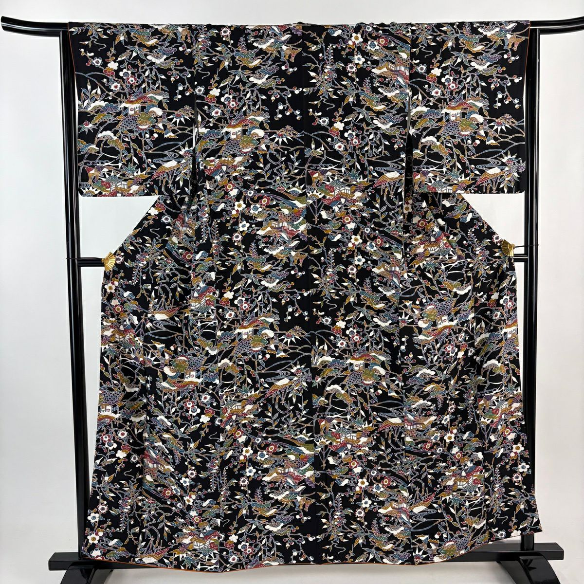 【美品】 小紋 身長158cm 袖長64cm M 雙層 松樹梅花 家屋 黑 純蠶絲 秀品級