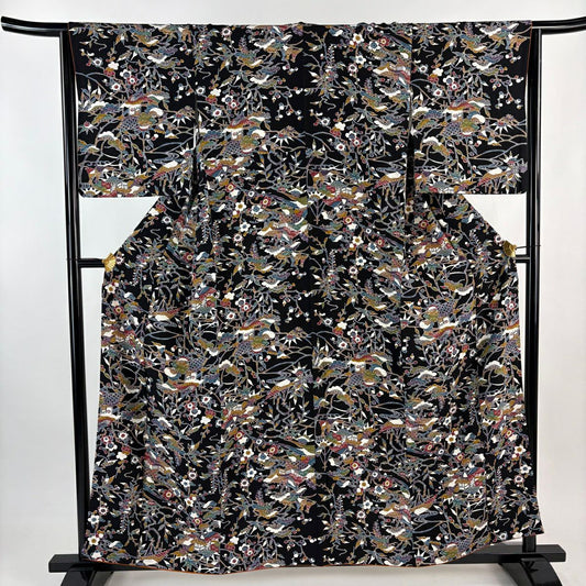 【美品】 小紋 身長158cm 袖長64cm M 雙層 松樹梅花 家屋 黑 純蠶絲 秀品級