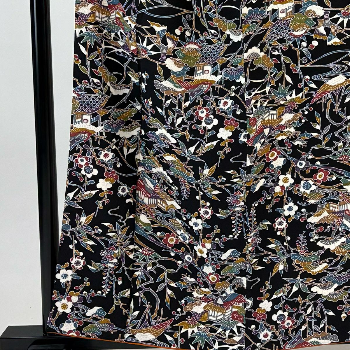 【美品】 小紋 身長158cm 袖長64cm M 雙層 松樹梅花 家屋 黑 純蠶絲 秀品級