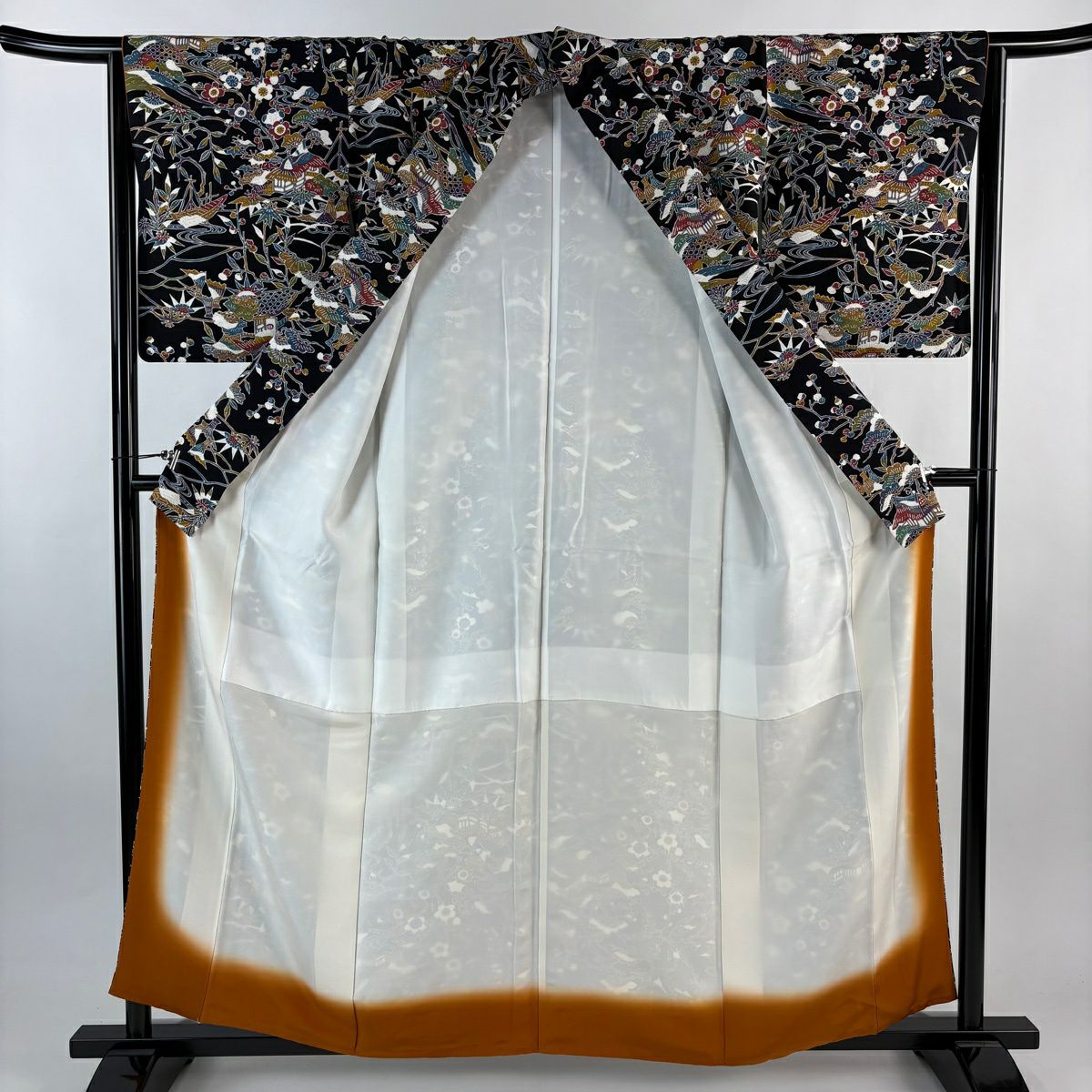 【美品】 小紋 身長158cm 袖長64cm M 雙層 松樹梅花 家屋 黑 純蠶絲 秀品級