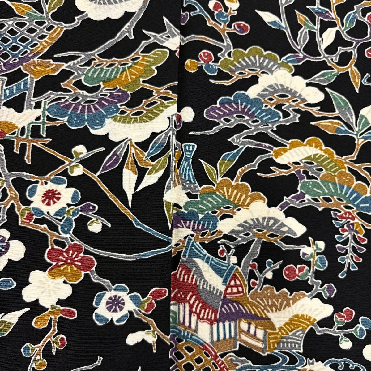【美品】 小紋 身長158cm 袖長64cm M 雙層 松樹梅花 家屋 黑 純蠶絲 秀品級