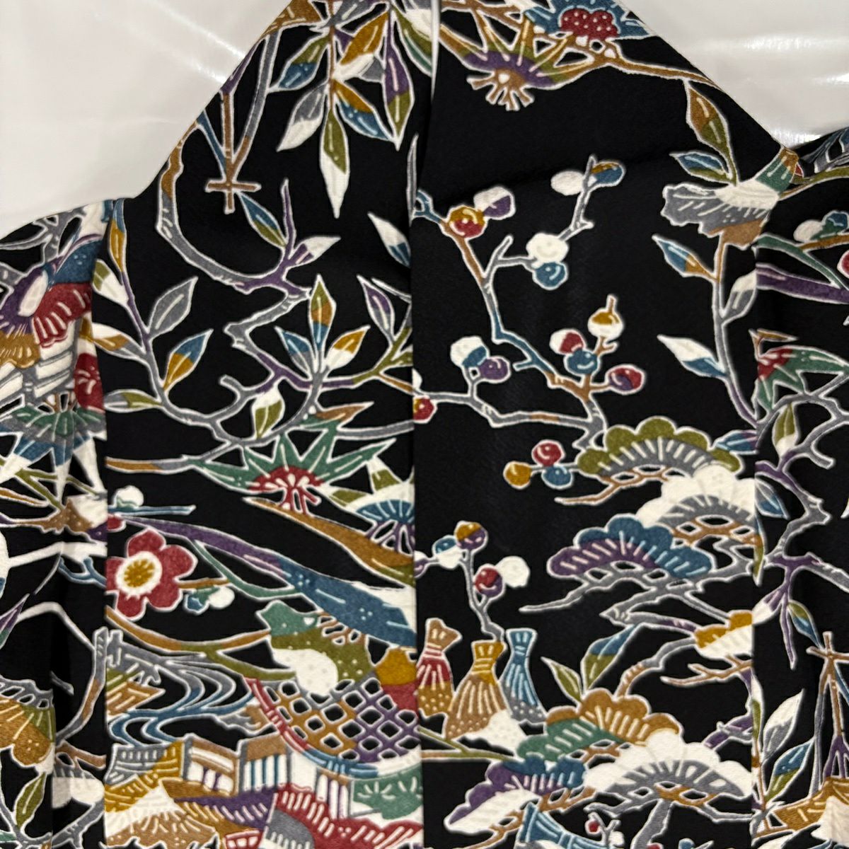 【美品】 小紋 身長158cm 袖長64cm M 雙層 松樹梅花 家屋 黑 純蠶絲 秀品級
