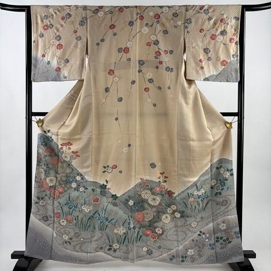 訪問服 身長161cm 袖長63.5cm S 雙層 菊花 流水 銀通絞染 米色 純蠶絲 優品級