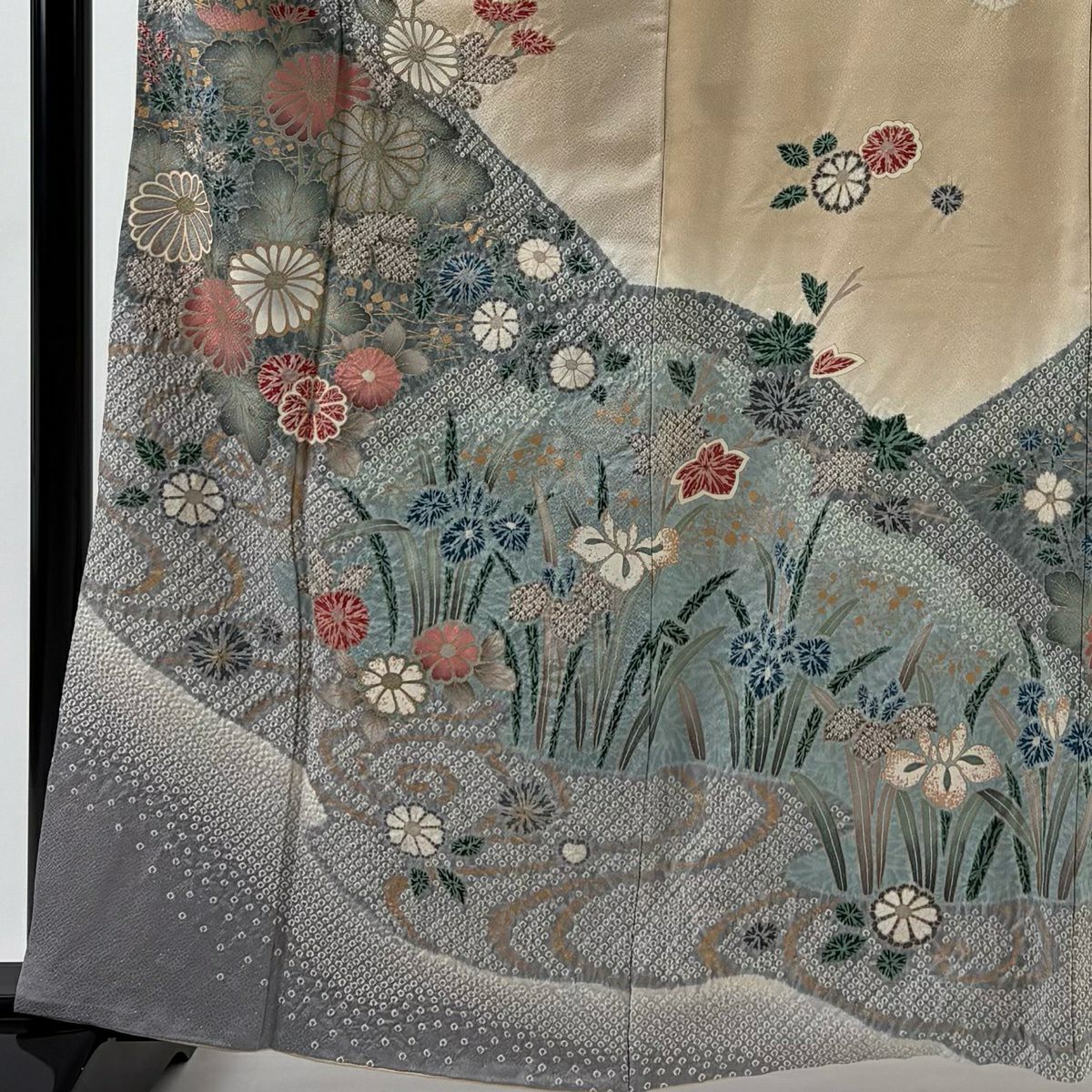 訪問服 身長161cm 袖長63.5cm S 雙層 菊花 流水 銀通絞染 米色 純蠶絲 優品級