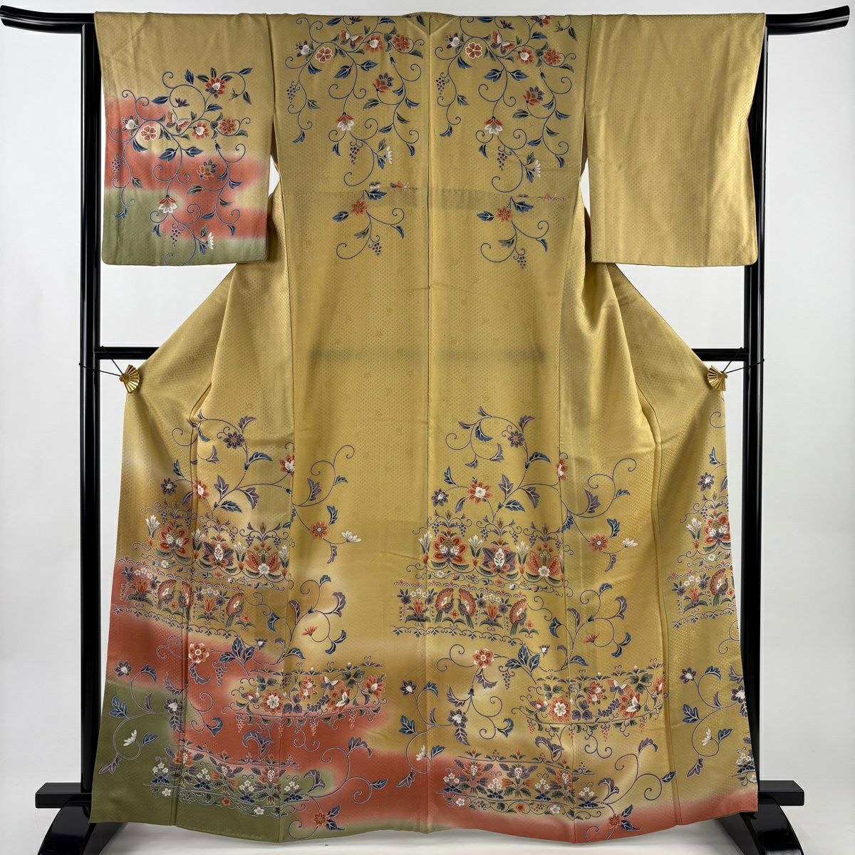 【美品】訪問服 身長164cm 袖長65cm M 雙層 花唐草紋 向鳥 金銀彩 漸層 淡黃土 純蠶絲 優品級