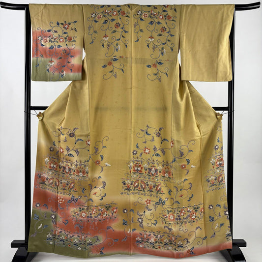 【美品】訪問服 身長164cm 袖長65cm M 雙層 花唐草紋 向鳥 金銀彩 漸層 淡黃土 純蠶絲 優品級