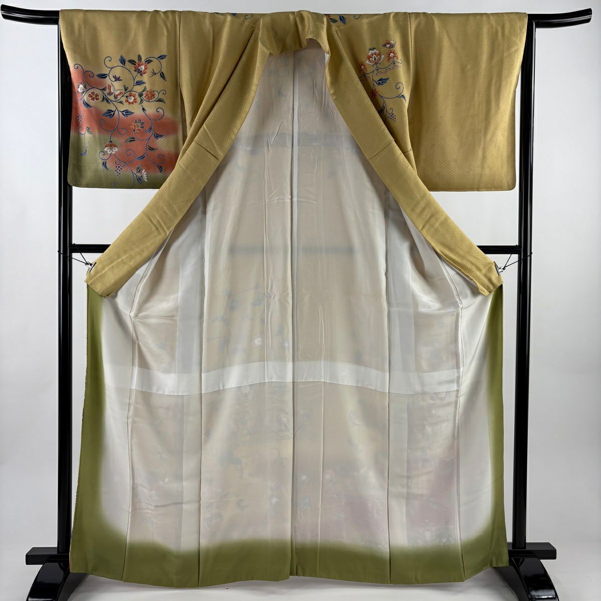 【美品】訪問服 身長164cm 袖長65cm M 雙層 花唐草紋 向鳥 金銀彩 漸層 淡黃土 純蠶絲 優品級