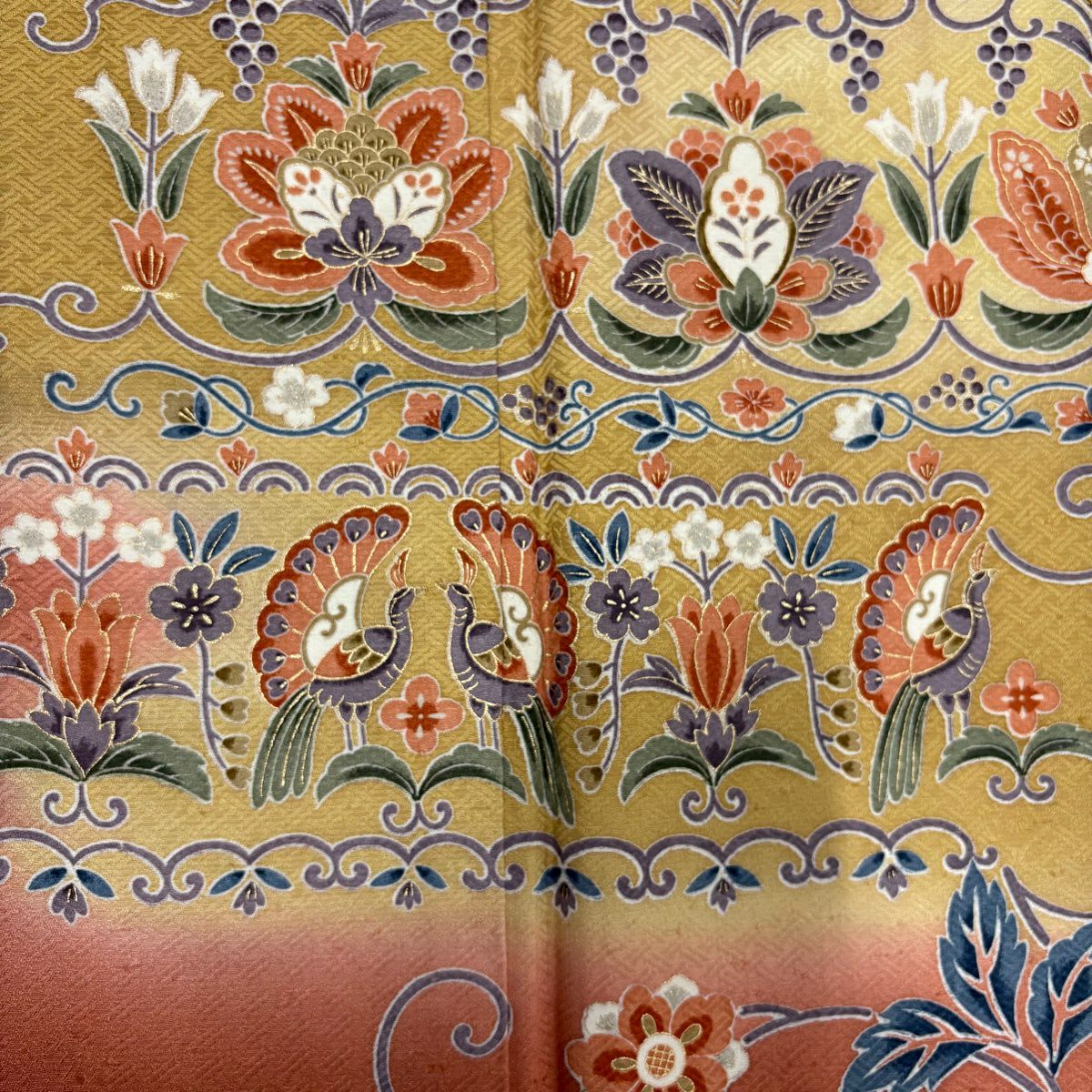 【美品】訪問服 身長164cm 袖長65cm M 雙層 花唐草紋 向鳥 金銀彩 漸層 淡黃土 純蠶絲 優品級