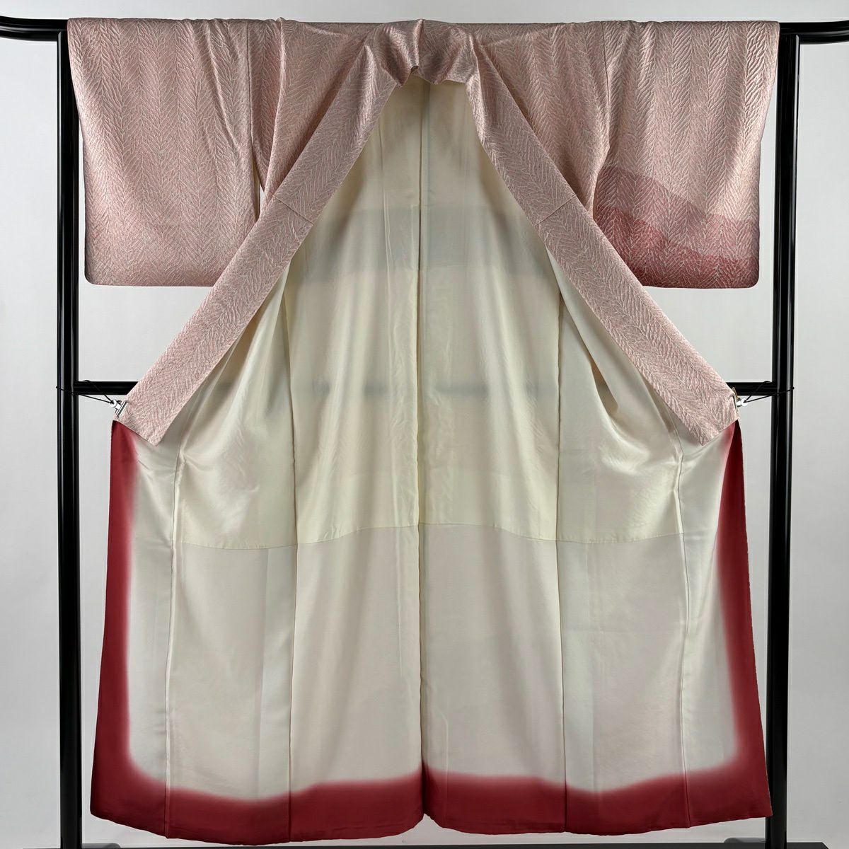 【美品】 付下 身長153.5cm 袖長64cm M 雙層 幾何圖案 絞染 漸層 粉紅 純蠶絲 優品級