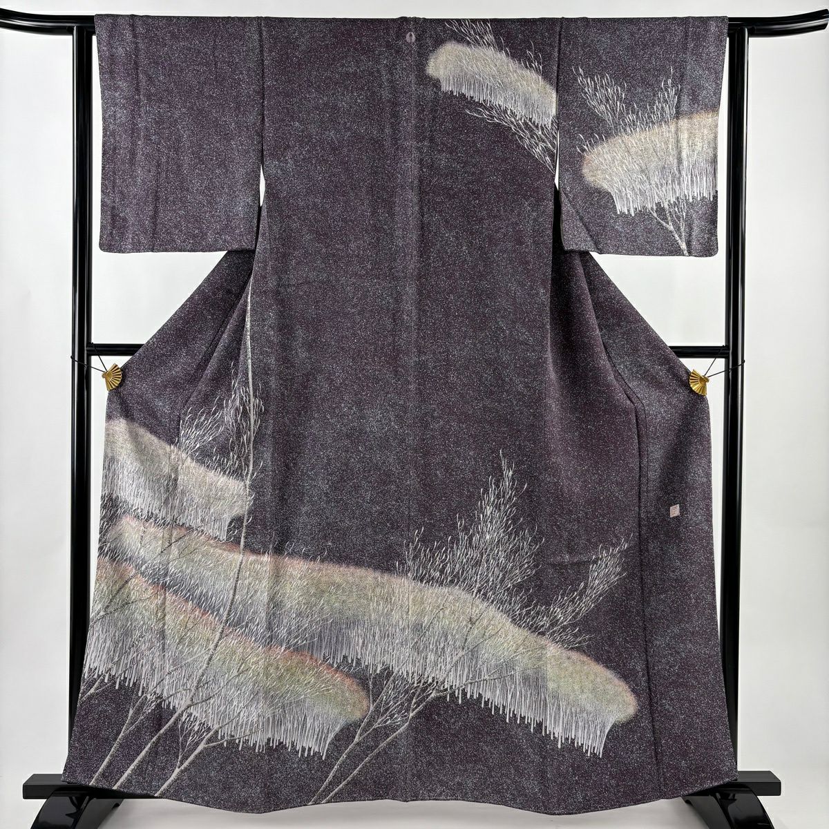【美品】訪問服 身長161cm 袖長63cm S 雙層 落款あり 樹木 ぼかし 濃紫 純蠶絲 秀品級 一つ紋