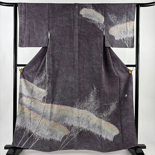 【美品】訪問服 身長161cm 袖長63cm S 雙層 落款あり 樹木 ぼかし 濃紫 純蠶絲 秀品級 一つ紋