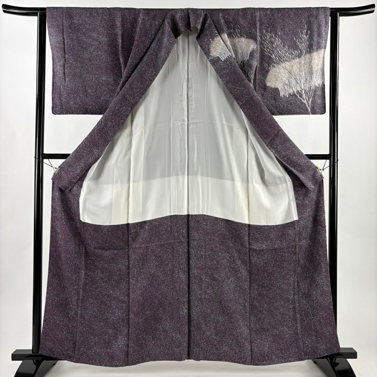 【美品】訪問服 身長161cm 袖長63cm S 雙層 落款あり 樹木 ぼかし 濃紫 純蠶絲 秀品級 一つ紋