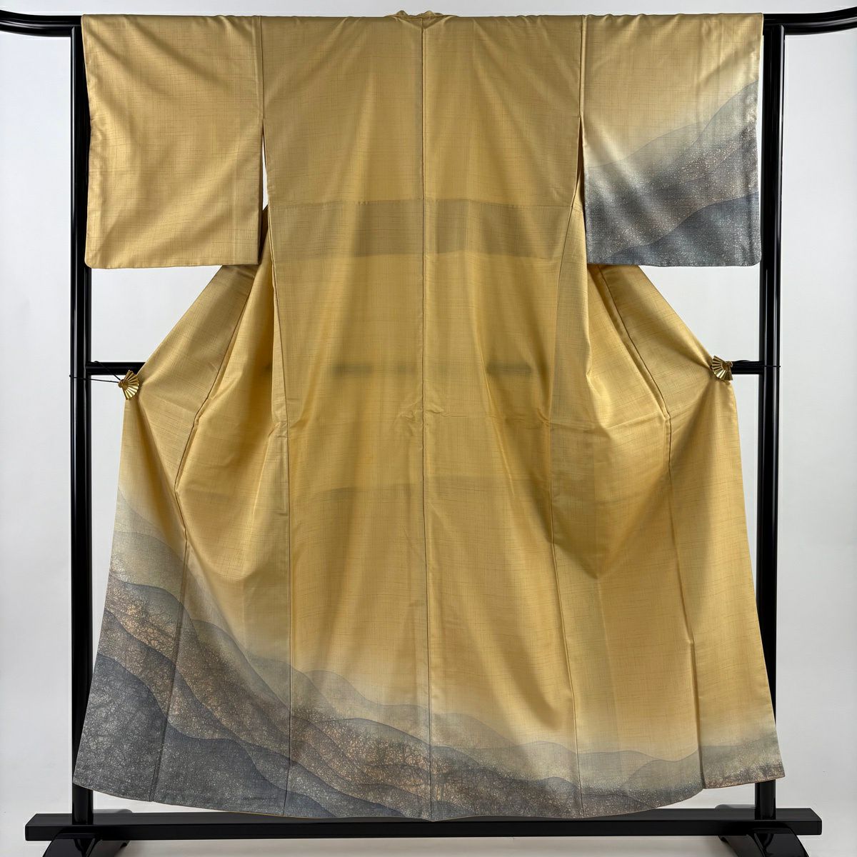 【美品】訪問服 身長155.5cm 袖長64cm M 雙層 紬織織 幾何學圖案 漸層 淡黃土色 純蠶絲 優品級