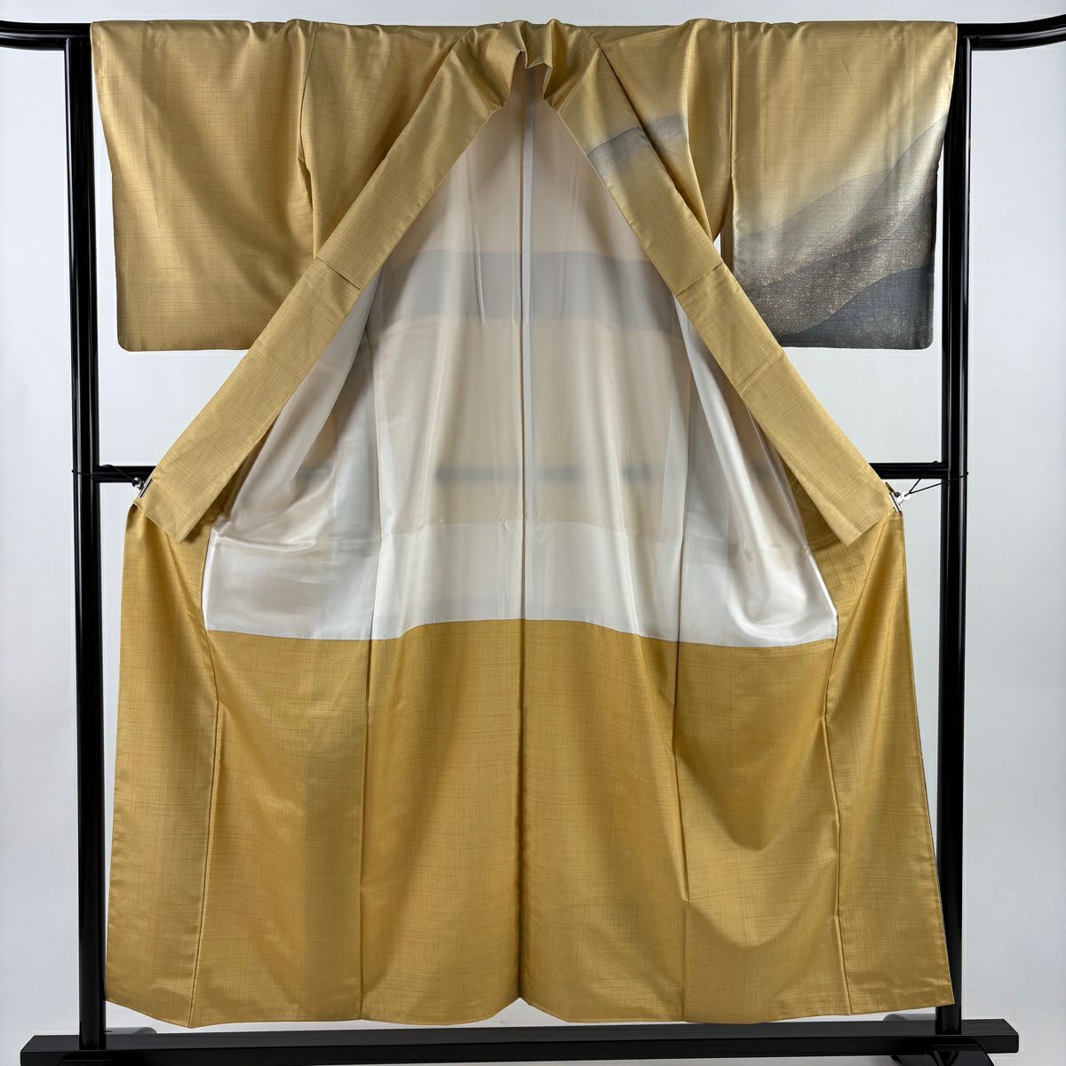 【美品】訪問服 身長155.5cm 袖長64cm M 雙層 紬織織 幾何學圖案 漸層 淡黃土色 純蠶絲 優品級