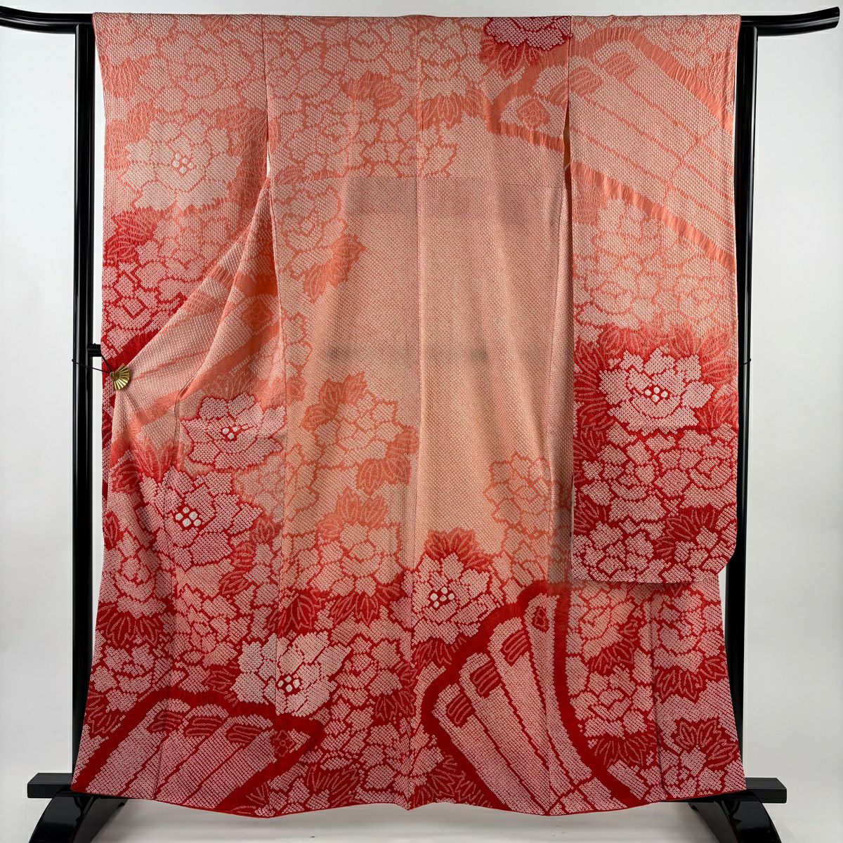 【美品】振袖禮服 身長162cm 袖長62.5cm S 雙層 牡丹 檜扇子 總絞染 鮭粉色 純蠶絲 秀品級