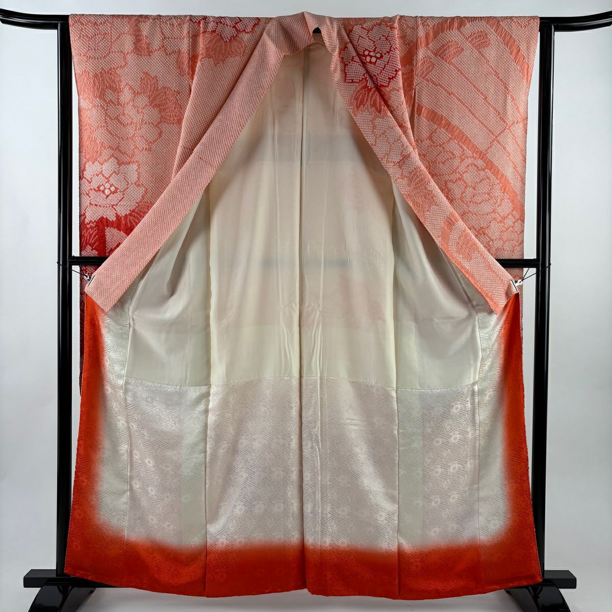 【美品】振袖禮服 身長162cm 袖長62.5cm S 雙層 牡丹 檜扇子 總絞染 鮭粉色 純蠶絲 秀品級