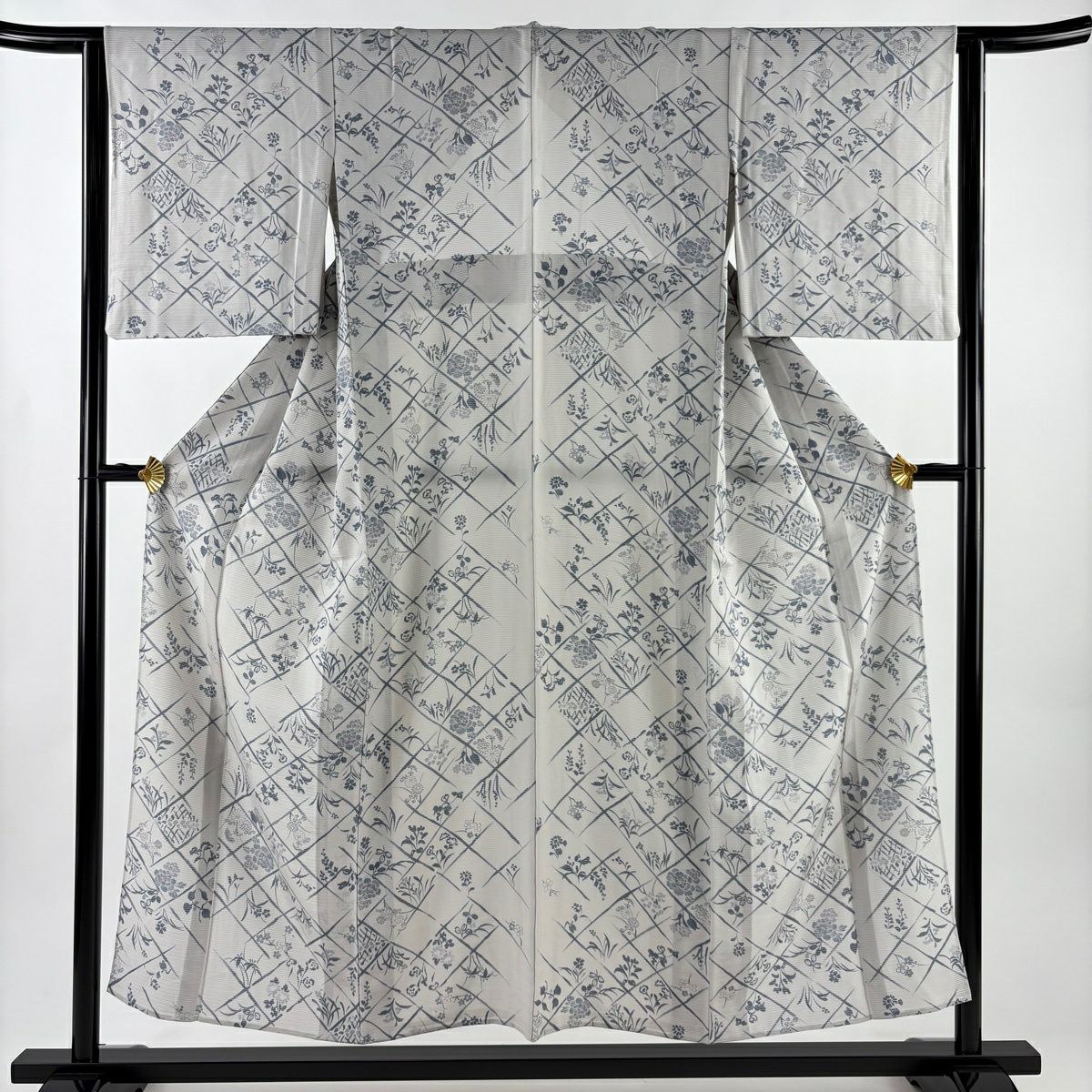 小紋 身長154cm 袖長63.5cm S 薄物 絽 草花紋 斜格 灰 純蠶絲 秀品級