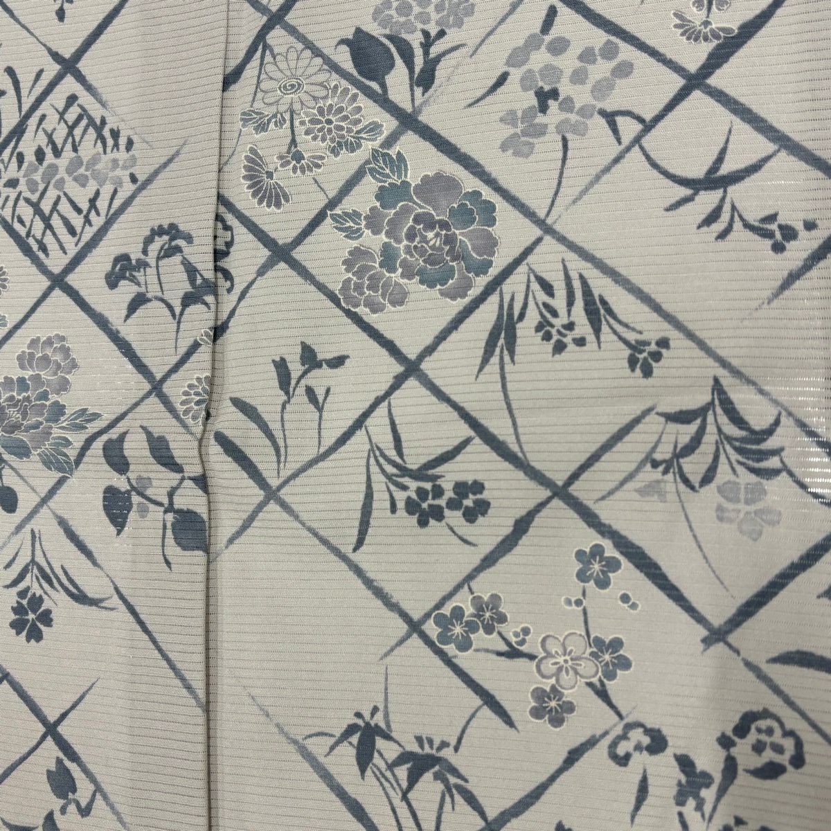 小紋 身長154cm 袖長63.5cm S 薄物 絽 草花紋 斜格 灰 純蠶絲 秀品級