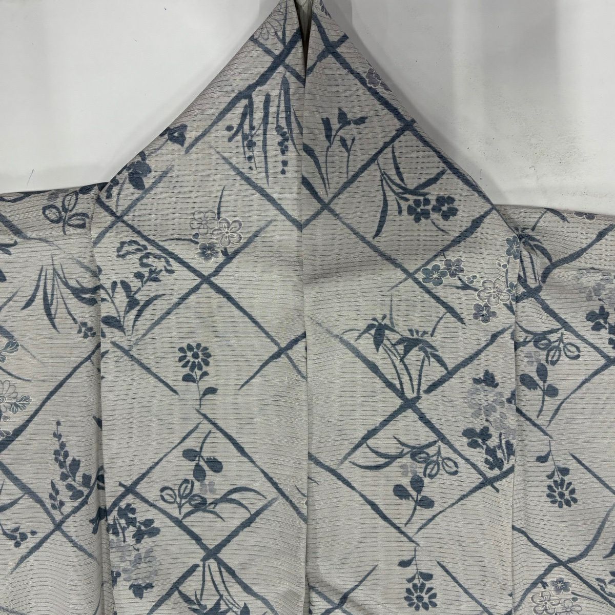 小紋 身長154cm 袖長63.5cm S 薄物 絽 草花紋 斜格 灰 純蠶絲 秀品級