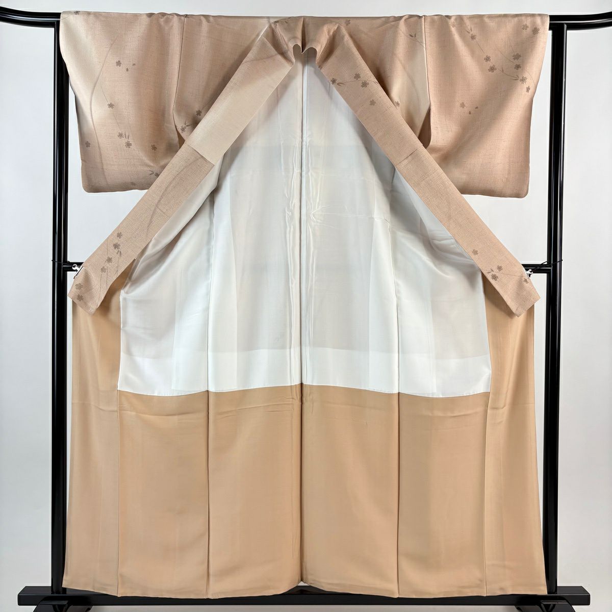 【美品】 小紋 身長159cm 袖長63cm S 雙層 紬織織 櫻花 金銀彩 粉米色 純蠶絲 秀品級