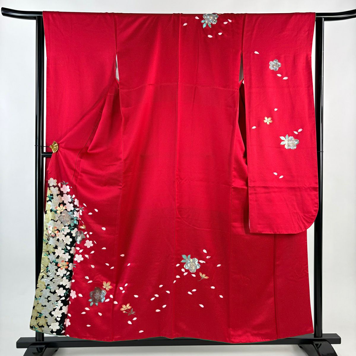 振袖禮服 身長157cm 袖長64cm M 雙層 櫻花花瓣 銀通 金銀彩 紅 純蠶絲 秀品級