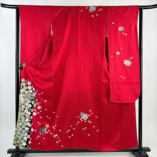 振袖禮服 身長157cm 袖長64cm M 雙層 櫻花花瓣 銀通 金銀彩 紅 純蠶絲 秀品級