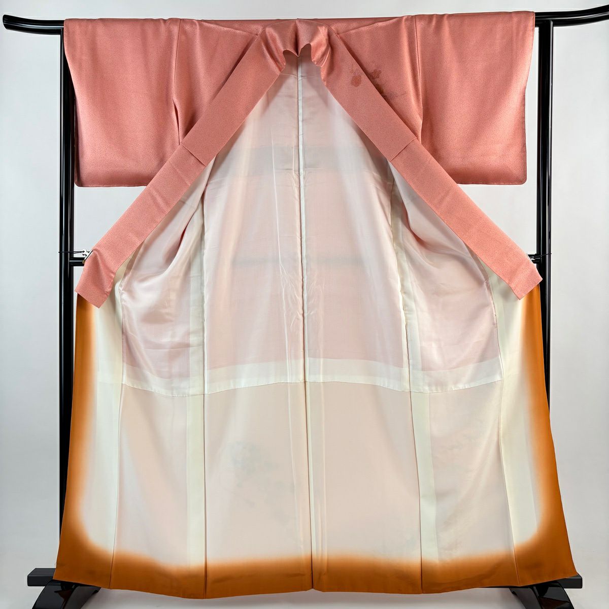 【美品】訪問服 身長162cm 袖長64cm M 雙層 檜扇子 草花紋紋 刺繡 漸層 粉紅 純蠶絲 秀品級
