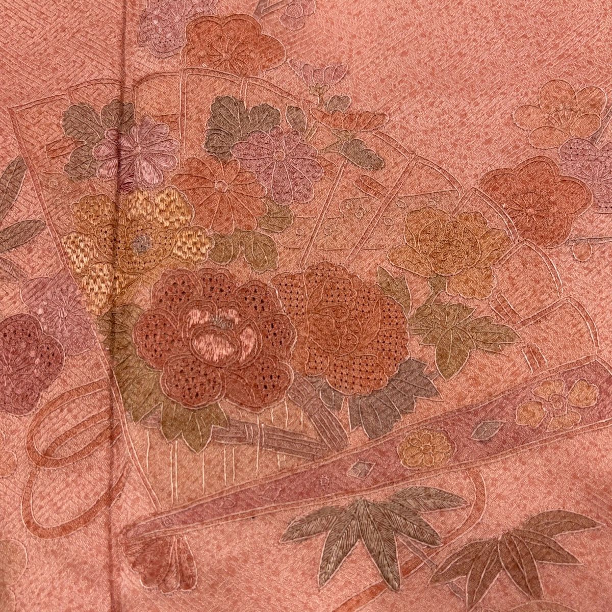 【美品】訪問服 身長162cm 袖長64cm M 雙層 檜扇子 草花紋紋 刺繡 漸層 粉紅 純蠶絲 秀品級