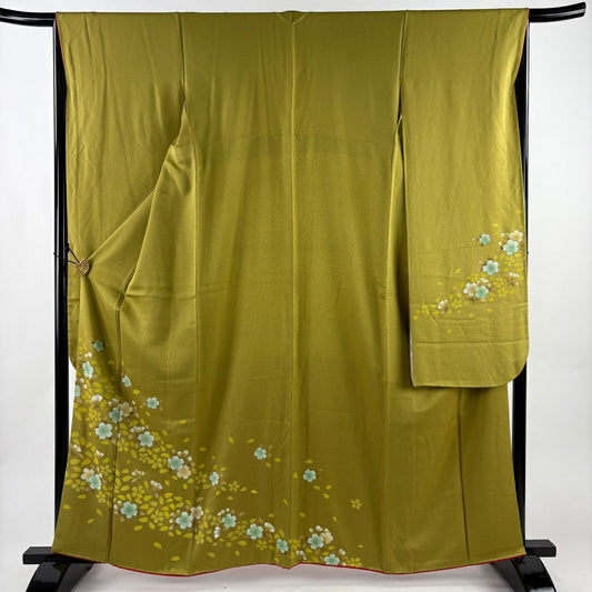 【美品】振袖禮服 身長162.5cm 袖長66cm M 雙層 樱花 樱花花瓣 鶯色 純蠶絲 優品級