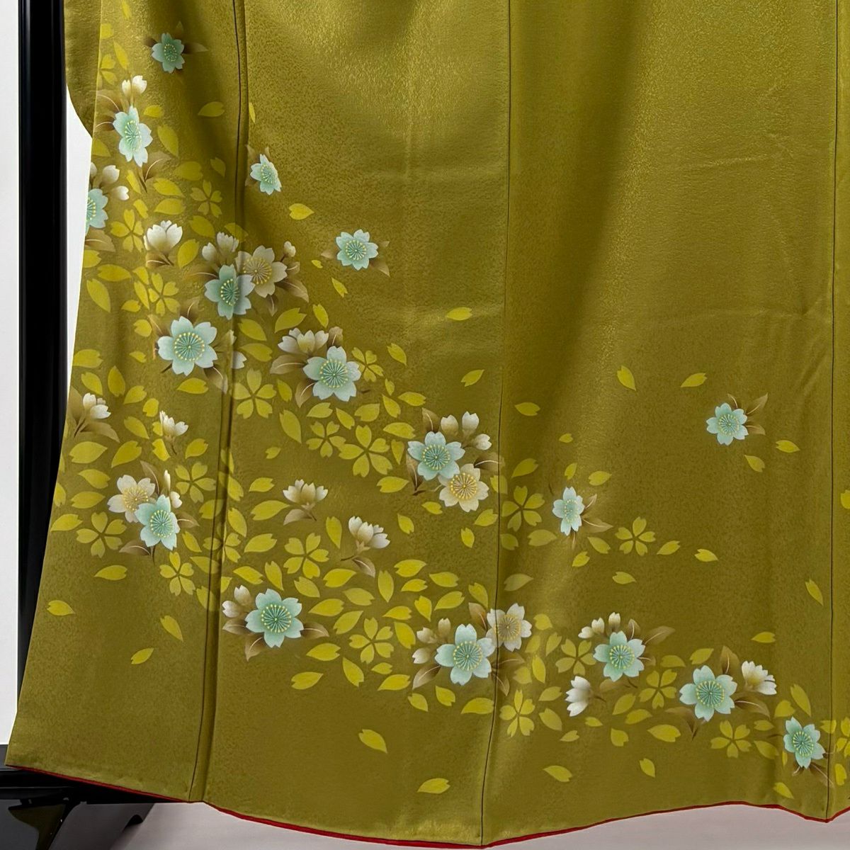 【美品】振袖禮服 身長162.5cm 袖長66cm M 雙層 樱花 樱花花瓣 鶯色 純蠶絲 優品級