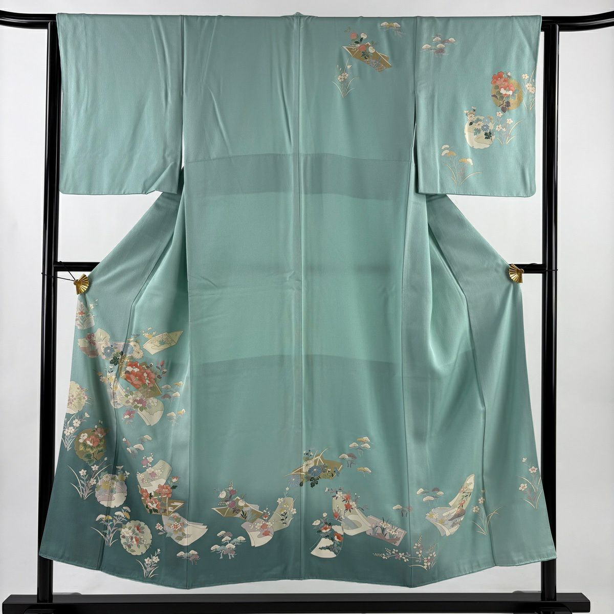 【美品】訪問服 身長151.5cm 袖長63cm S 雙層 誰が袖 草花紋紋 金銀彩 漸層 淺綠 純蠶絲 優品級
