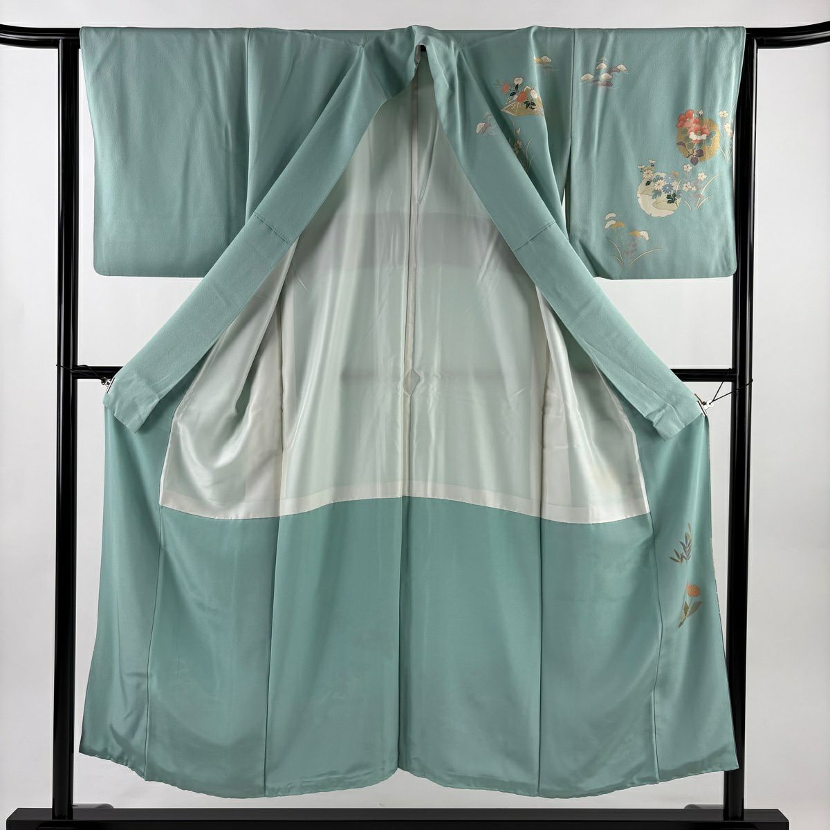 【美品】訪問服 身長151.5cm 袖長63cm S 雙層 誰が袖 草花紋紋 金銀彩 漸層 淺綠 純蠶絲 優品級