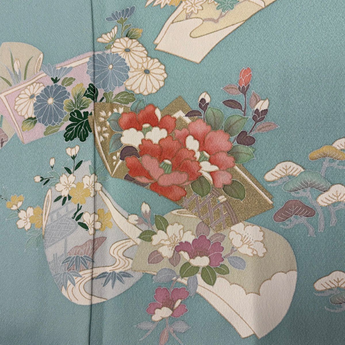 【美品】訪問服 身長151.5cm 袖長63cm S 雙層 誰が袖 草花紋紋 金銀彩 漸層 淺綠 純蠶絲 優品級