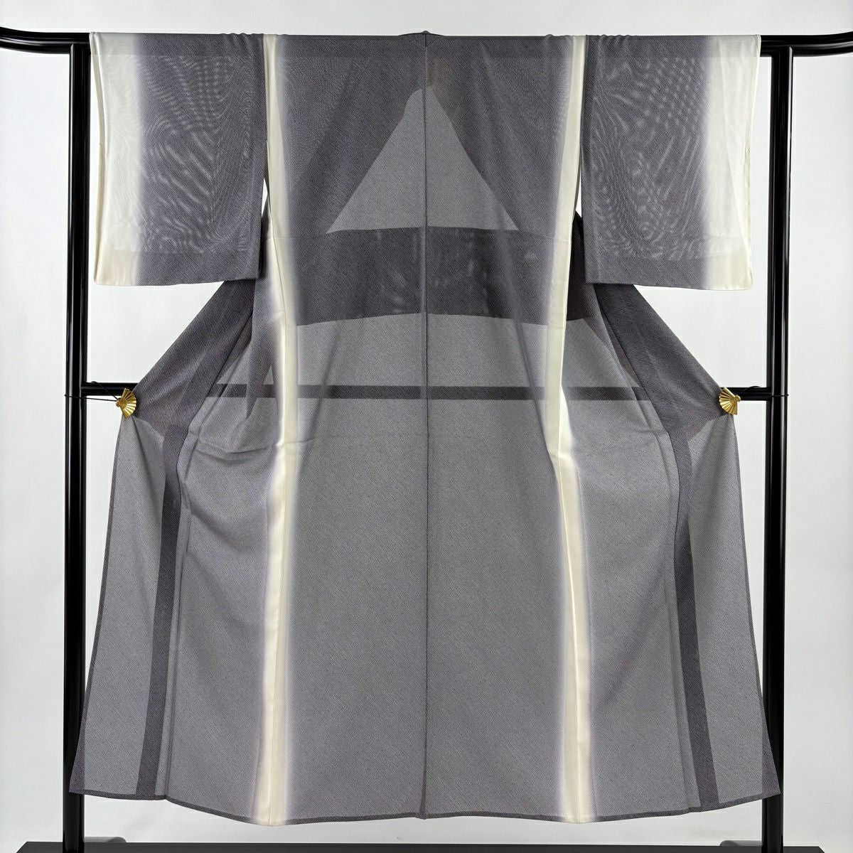 【美品】 小紋 身長150cm 袖長63cm S 薄物 絽 斜條紋 漸層 灰色 純蠶絲 優品級