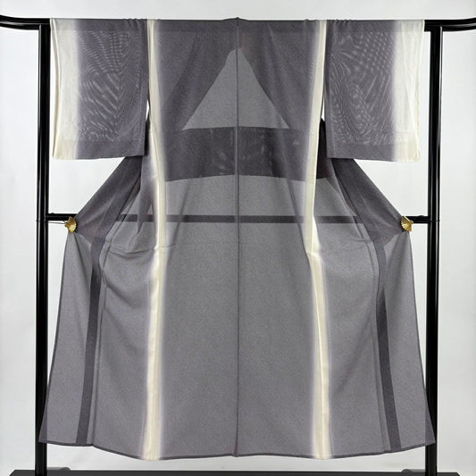 【美品】 小紋 身長150cm 袖長63cm S 薄物 絽 斜條紋 漸層 灰色 純蠶絲 優品級