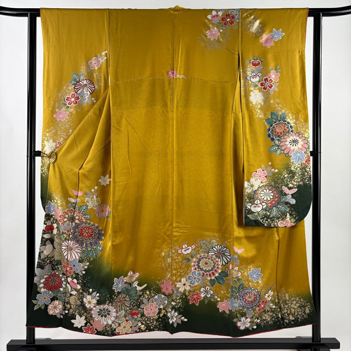 振袖禮服 身長152cm 袖長60.5cm S 雙層 菊花花 櫻花花 金絲 金銀彩 黃土 純蠶絲 優品級