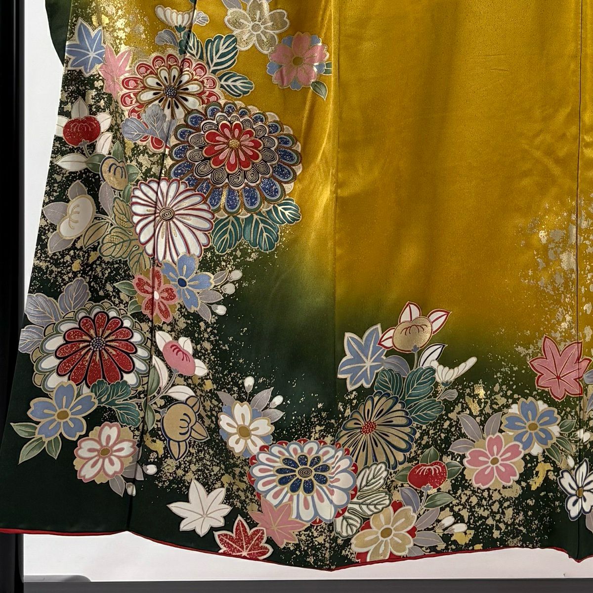 振袖禮服 身長152cm 袖長60.5cm S 雙層 菊花花 櫻花花 金絲 金銀彩 黃土 純蠶絲 優品級