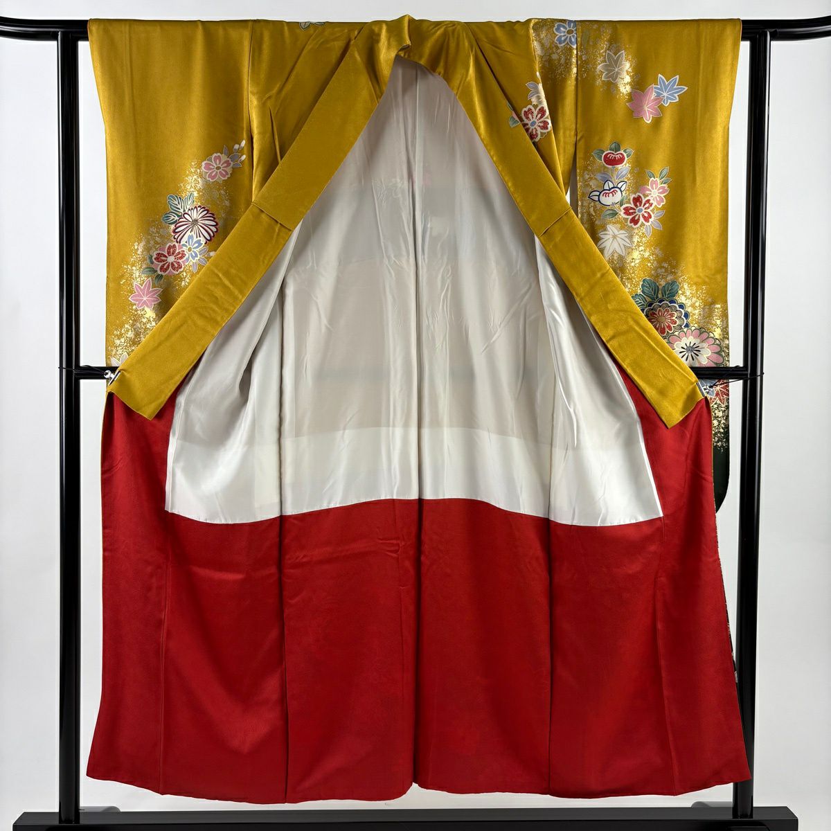 振袖禮服 身長152cm 袖長60.5cm S 雙層 菊花花 櫻花花 金絲 金銀彩 黃土 純蠶絲 優品級