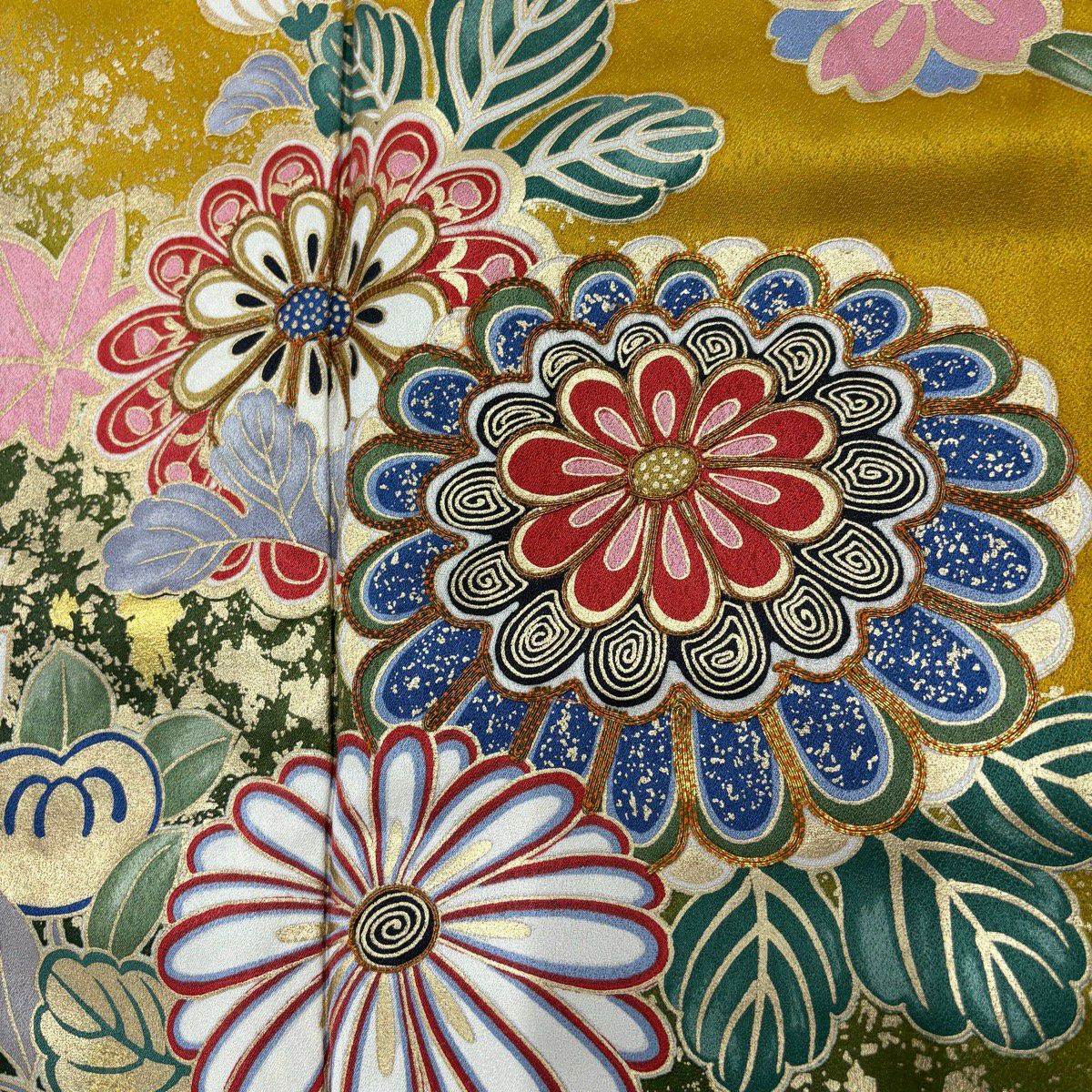 振袖禮服 身長152cm 袖長60.5cm S 雙層 菊花花 櫻花花 金絲 金銀彩 黃土 純蠶絲 優品級