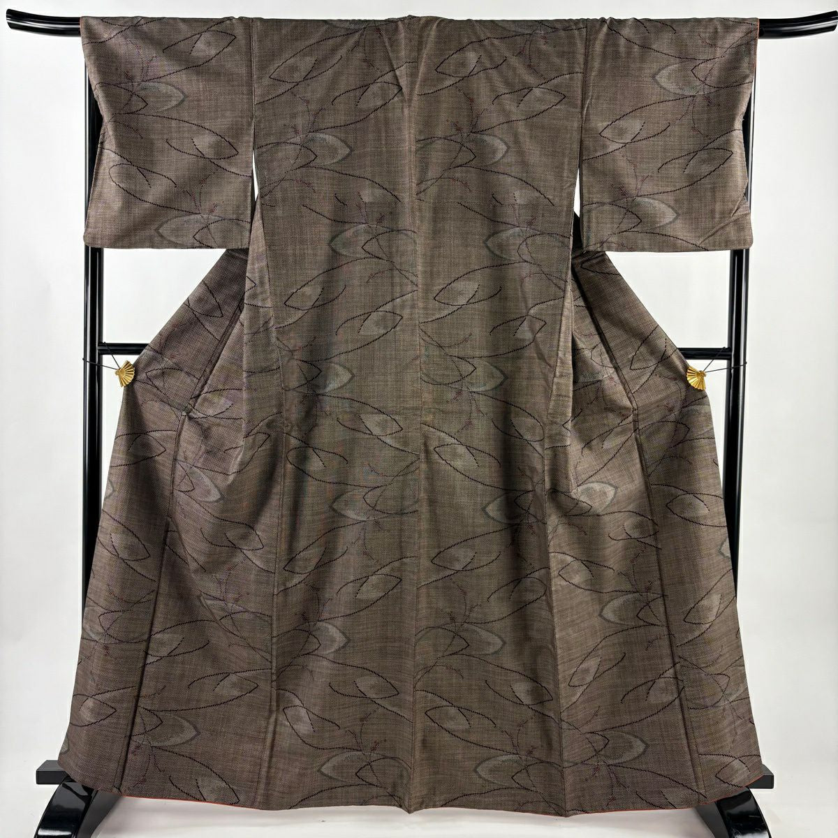 紬織 身長163.5cm 袖長69.5cm L 雙層 大和 葉與果實 幾何圖案 焦茶 純蠶絲 優品級