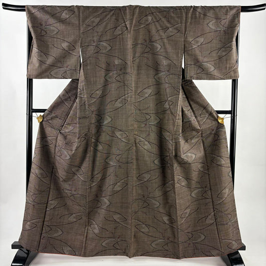紬織 身長163.5cm 袖長69.5cm L 雙層 大和 葉與果實 幾何圖案 焦茶 純蠶絲 優品級
