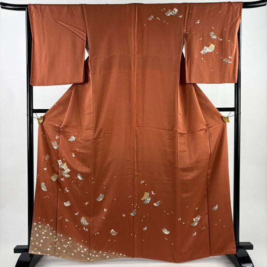 訪問服 身長163.5cm 袖長67.5cm L 雙層 誰が袖 草花紋紋 金絲 金銀彩 紅茶 純蠶絲 秀品級