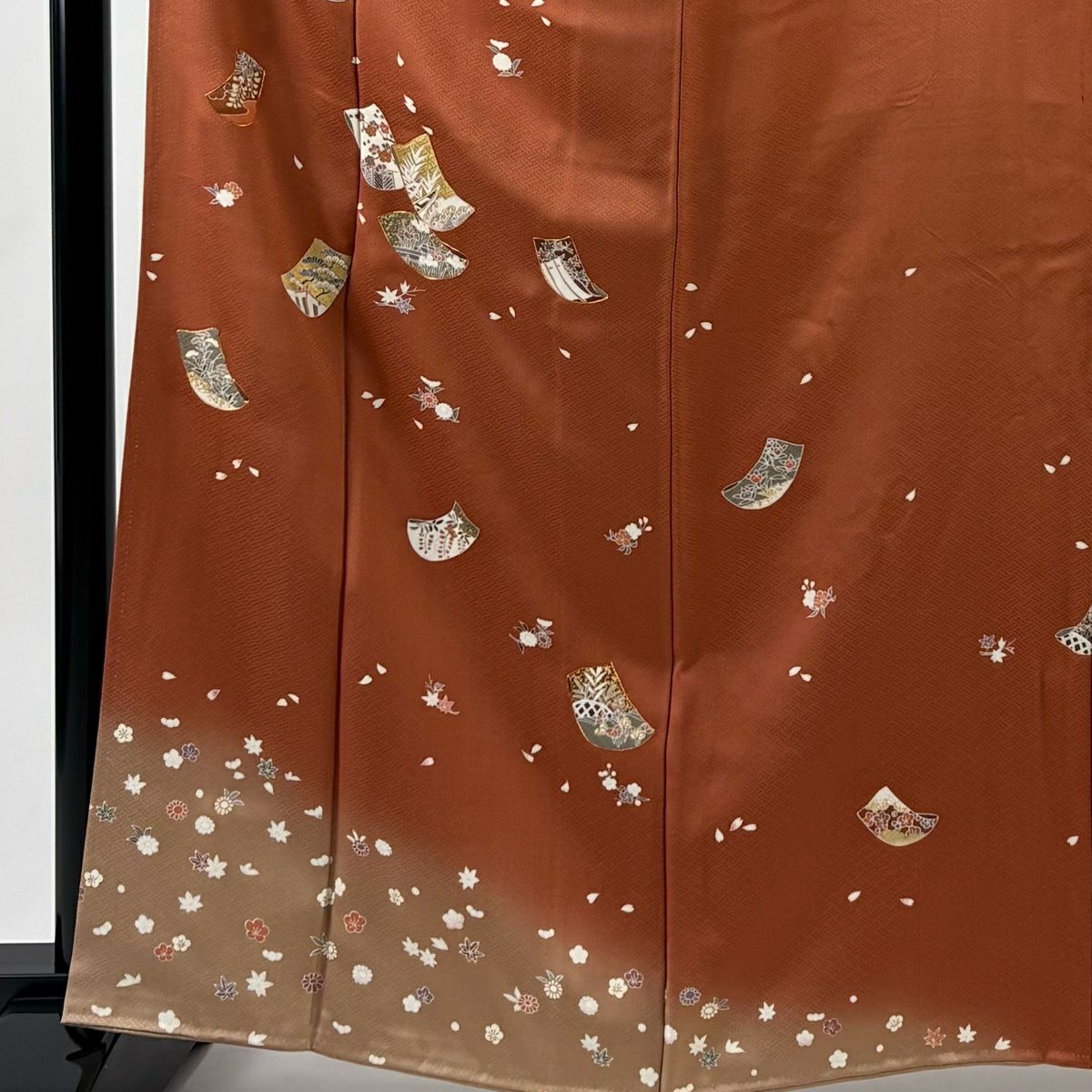 訪問服 身長163.5cm 袖長67.5cm L 雙層 誰が袖 草花紋紋 金絲 金銀彩 紅茶 純蠶絲 秀品級
